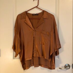 Zara Blouse Caramel Satin Silk Oversize Tunic Shirt Mango Gold